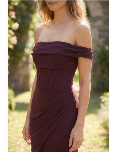 Corset Off-Shoulder Midi Dress with Slit for Garden Wedding