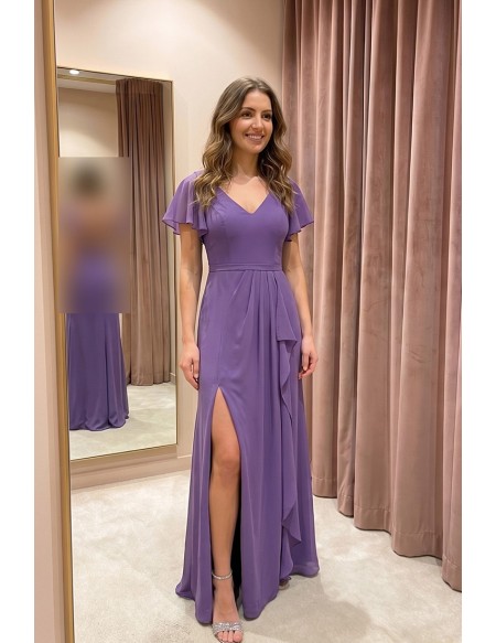 Chiffon Flutter-Sleeve Open-Back Maxi Dress for Wedding Guests