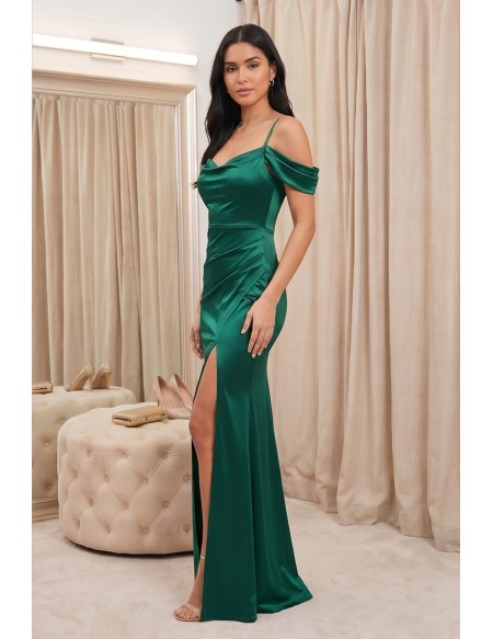 Satin Off-Shoulder Slit Maxi Dress for Wedding Guests