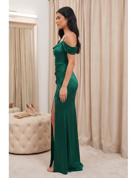 Satin Off-Shoulder Slit Maxi Dress for Wedding Guests