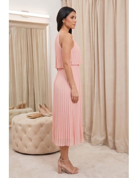 Chiffon Pleated Halter Midi Dress for Wedding Guests