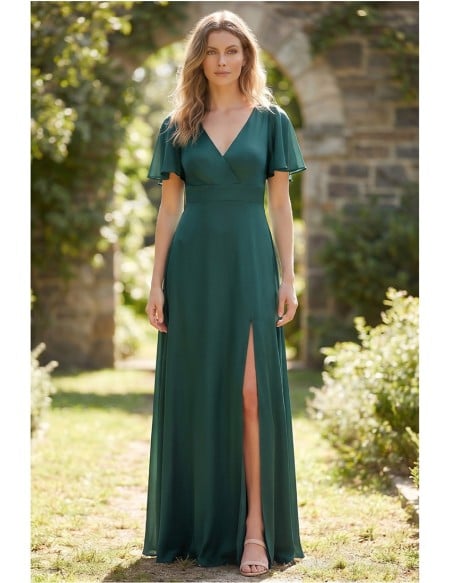 Chiffon Flutter-Sleeve Slit Maxi Dress for Garden Weddings