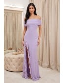 Off-Shoulder Chiffon Ruffle-Slit Maxi Dress for Wedding Guests