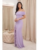 Off-Shoulder Chiffon Ruffle-Slit Maxi Dress for Wedding Guests