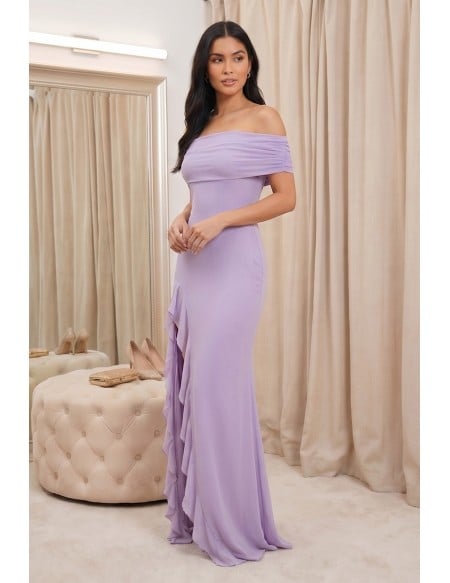 Off-Shoulder Chiffon Ruffle-Slit Maxi Dress for Wedding Guests