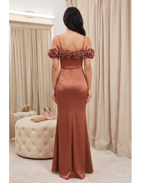 Satin Rose Off-Shoulder Fitted Midi Dress for Wedding Guests