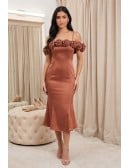 Satin Rose Off-Shoulder Fitted Midi Dress for Wedding Guests