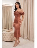 Satin Rose Off-Shoulder Fitted Midi Dress for Wedding Guests