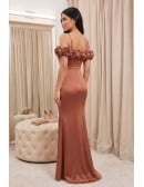 Satin Rose Off-Shoulder Fitted Midi Dress for Wedding Guests