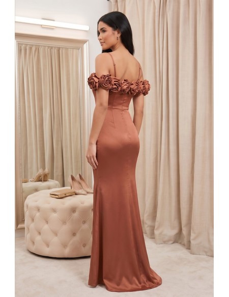 Satin Rose Off-Shoulder Fitted Midi Dress for Wedding Guests