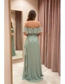 Off-Shoulder Ruffle Chiffon Maxi Dress with Slit for Garden Wedding