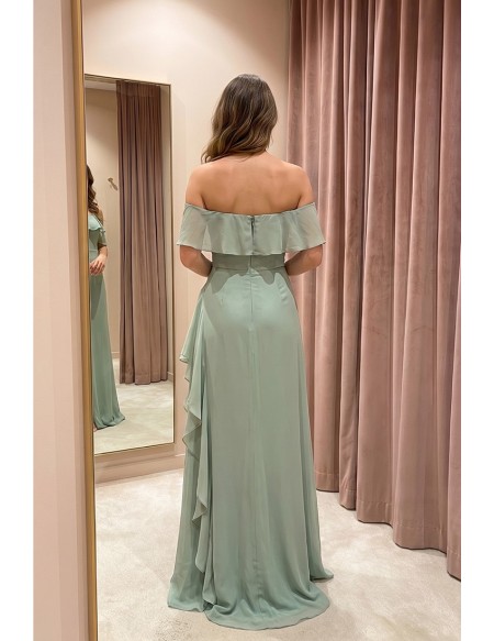 Off-Shoulder Ruffle Chiffon Maxi Dress with Slit for Garden Wedding