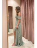 Off-Shoulder Ruffle Chiffon Maxi Dress with Slit for Garden Wedding
