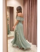 Off-Shoulder Ruffle Chiffon Maxi Dress with Slit for Garden Wedding