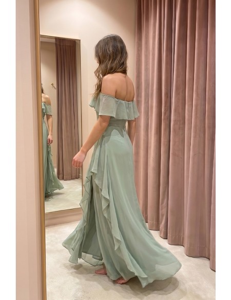 Off-Shoulder Ruffle Chiffon Maxi Dress with Slit for Garden Wedding