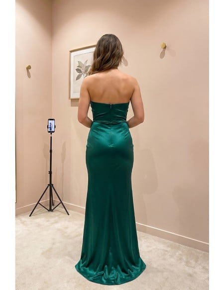 Strapless Satin Ruched Slit Maxi Dress for Wedding Guests