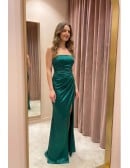 Strapless Satin Ruched Slit Maxi Dress for Wedding Guests