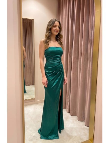 Strapless Satin Ruched Slit Maxi Dress for Wedding Guests