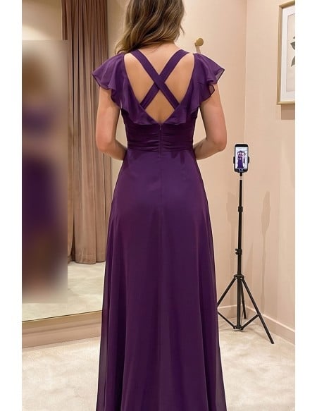 Chiffon Flutter-Sleeve Hi-Low Dress with Embellished Waist for Wedding Guests