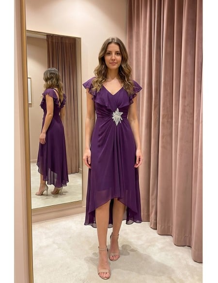 Chiffon Flutter-Sleeve Hi-Low Dress with Embellished Waist for Wedding Guests