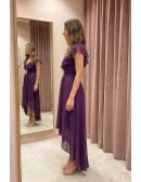 Chiffon Flutter-Sleeve Hi-Low Dress with Embellished Waist for Wedding Guests