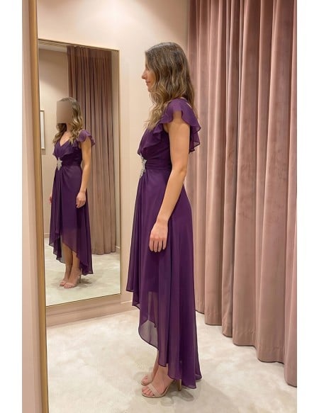Chiffon Flutter-Sleeve Hi-Low Dress with Embellished Waist for Wedding Guests