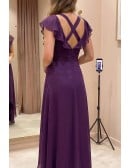 Chiffon Flutter-Sleeve Hi-Low Dress with Embellished Waist for Wedding Guests