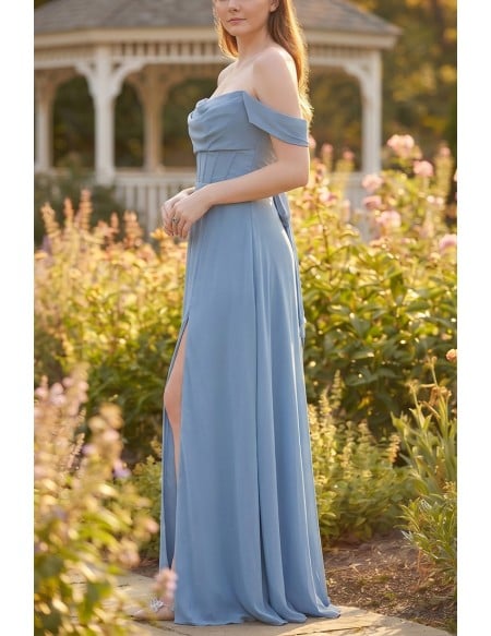 Off-Shoulder Chiffon Slit Maxi Dress for Garden Wedding