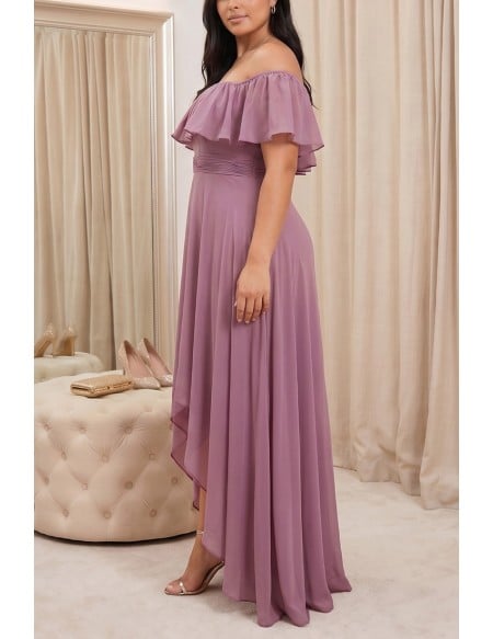 Off-Shoulder Ruffle Chiffon High-Low Dress for Garden Wedding