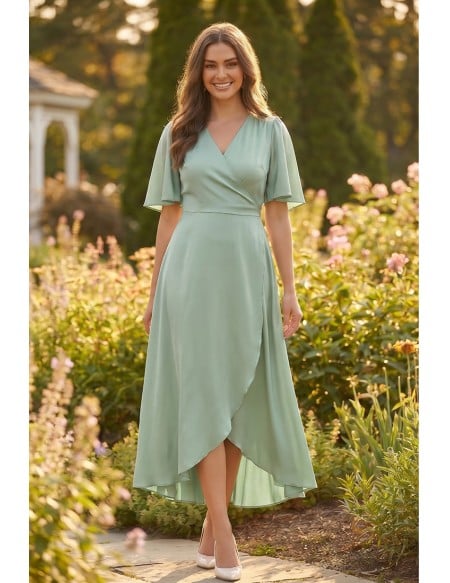 Satin Flutter-Sleeve Open-Back Wrap Midi Dress for Garden Wedding