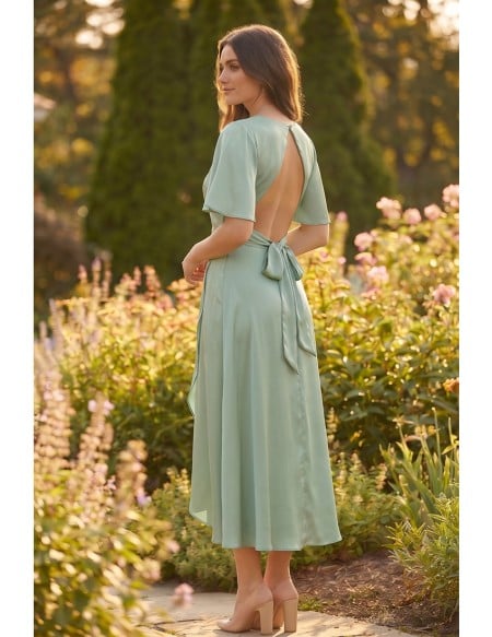 Satin Flutter-Sleeve Open-Back Wrap Midi Dress for Garden Wedding