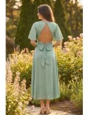 Satin Flutter-Sleeve Open-Back Wrap Midi Dress for Garden Wedding