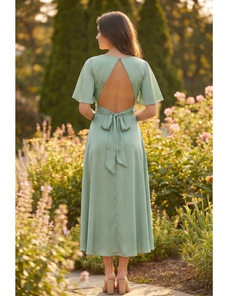 Satin Flutter-Sleeve Open-Back Wrap Midi Dress for Garden Wedding