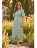 Satin Flutter-Sleeve Open-Back Wrap Midi Dress for Garden Wedding