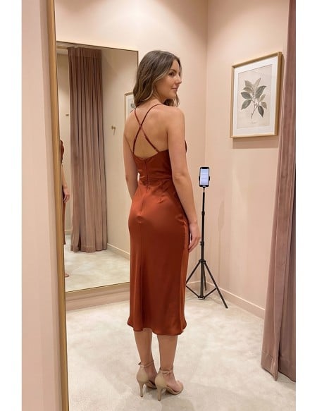 Satin Cowl Neck Open Back Midi Dress for Wedding Guests