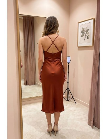 Satin Cowl Neck Open Back Midi Dress for Wedding Guests