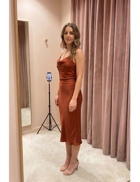 Satin Cowl Neck Open Back Midi Dress for Wedding Guests