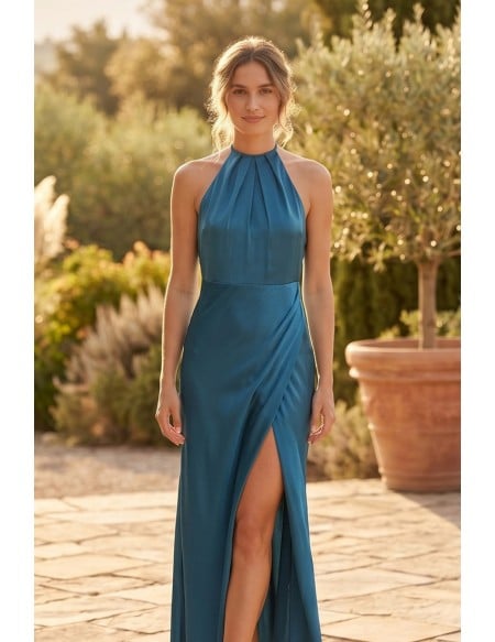Satin Halter Slit Maxi Dress for Outdoor Summer Weddings