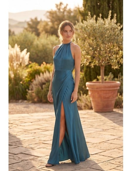 Satin Halter Slit Maxi Dress for Outdoor Summer Weddings