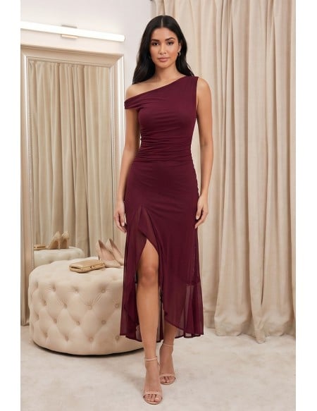 One-Shoulder Ruched Midi Dress with Slit for Wedding Guests