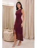 One-Shoulder Ruched Midi Dress with Slit for Wedding Guests