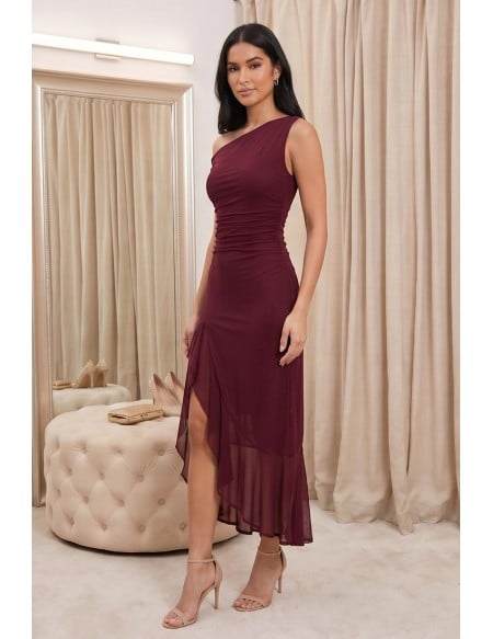 One-Shoulder Ruched Midi Dress with Slit for Wedding Guests