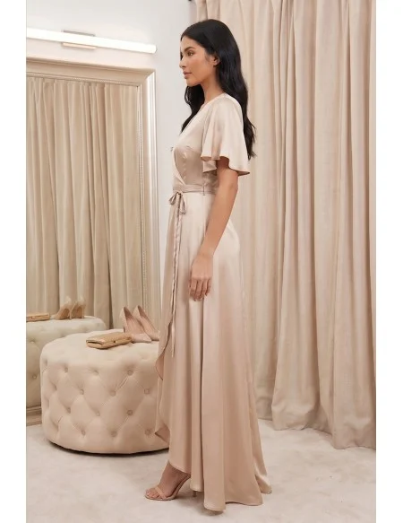 Satin Wrap Flutter-Sleeve Maxi Dress for Outdoor Summer Weddings