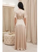 Satin Wrap Flutter-Sleeve Maxi Dress for Outdoor Summer Weddings