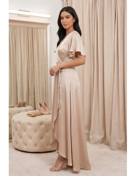Satin Wrap Flutter-Sleeve Maxi Dress for Outdoor Summer Weddings