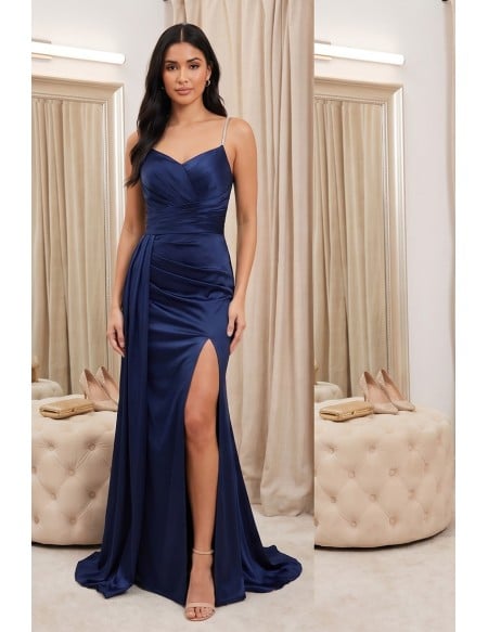 Satin Ruched Slit Maxi Dress for Wedding Guest Events