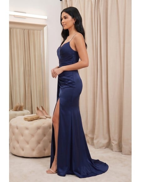 Satin Ruched Slit Maxi Dress for Wedding Guest Events