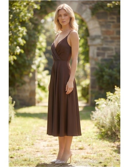 Satin Backless V-Neck Midi Dress for Garden Weddings