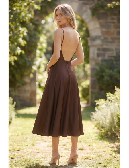 Satin Backless V-Neck Midi Dress for Garden Weddings