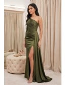 One-Shoulder Satin Slit Maxi Dress for Wedding Guests